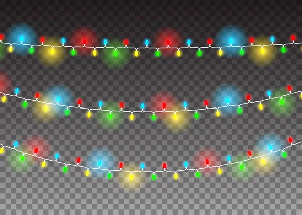 Decorazione natalizia realistica ghirlanda luminosa su sfondo trasparente. Effetti luci. Brillante per il design del biglietto di auguri natalizio. Elementi vettoriali isolati . — Vettoriale Stock