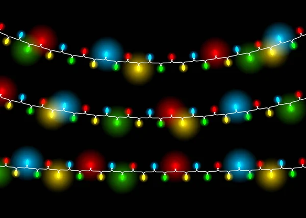 Jul dekoration realistiska lysande garland på svart bakgrund. Ljus effekter. Glödande för Xmas semester gratulationskort design. Isolerade vector-element. — Stock vektor