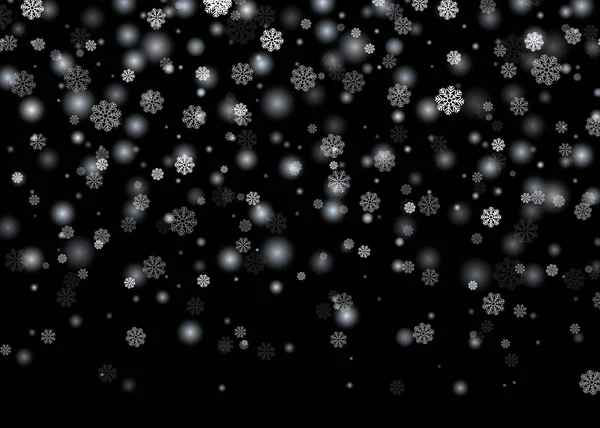 Nieve cayendo. Navidad, plantilla de tarjeta de año nuevo con fondo abstracto negro. Hermosos copos de nieve, nevadas brillantes. Ilustración vectorial — Vector de stock