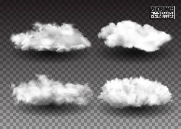 Conjunto de nubes blancas esponjosas. Elementos realistas de diseño vectorial. efecto de humo sobre fondo transparente aislado. Ilustración vectorial — Vector de stock