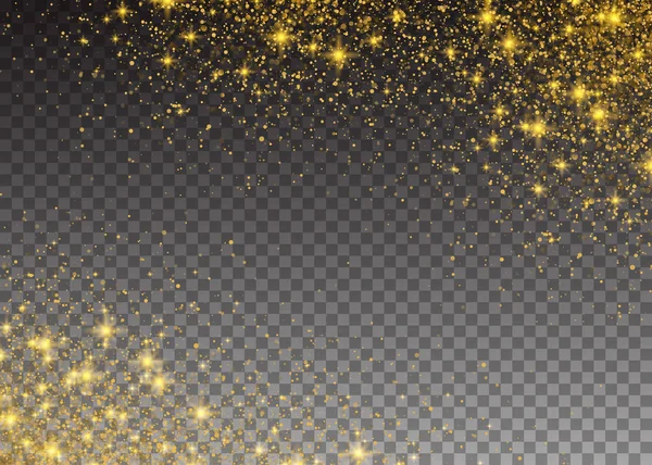Glitter parçacıklar etkisi. Altın ışıltılı alan yıldız tozu iz köpüklü parçacıklar şeffaf arka plan üzerinde. Vektör çizim