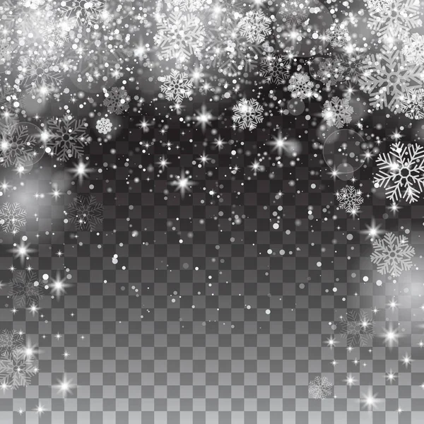 Flocos de neve em um fundo transparente. Caindo Natal Brilhante bela neve isolada. Flocos de neve, queda de neve. Ilustração vetorial — Vetor de Stock