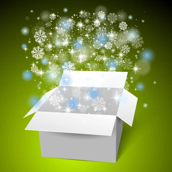 Offene weiße Geschenkbox auf dem Schnee. weihnachtlicher grüner Hintergrund. — Stockvektor