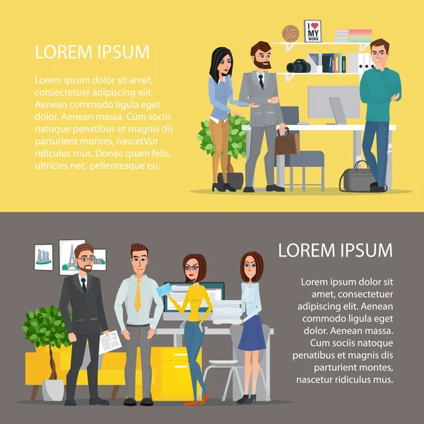 Zakelijke tekens scène. Teamwerk in moderne kantoor. Cartoon poster vectorillustratie. Banners voor uw webdesign in business-stijl instellen. Sjabloon voor uw tekst. — Stockvector