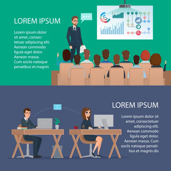 Podnikatelé, setkání a graf. Administrativních pracovníků na pracovišti. Kreslený plakát vektorové ilustrace. Bannery pro váš web design v business stylu. Šablona pro váš text. Sada znaků zaměstnání. — Stockový vektor