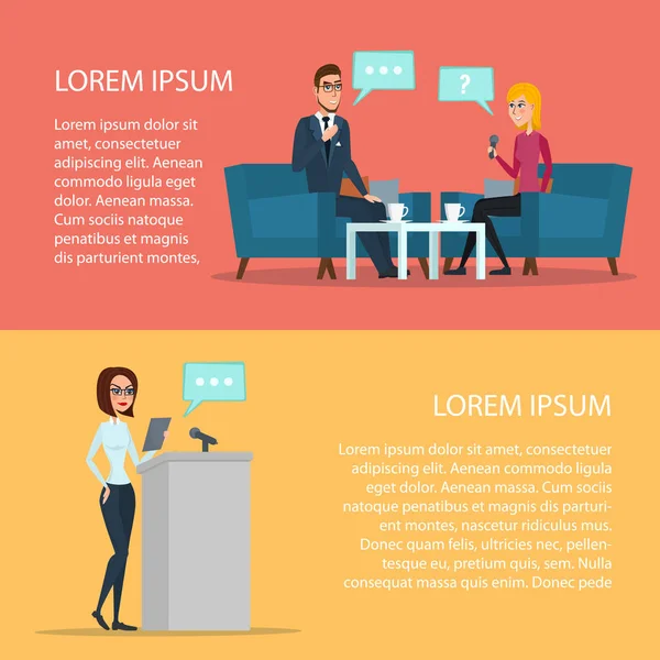 Persconferentie, interview concept, live verslag microfoons nieuws. Cartoon poster vectorillustratie. Banners voor uw webdesign in zakelijke stijl. Sjabloon voor uw tekst. Zakelijke tekens instellen. — Stockvector