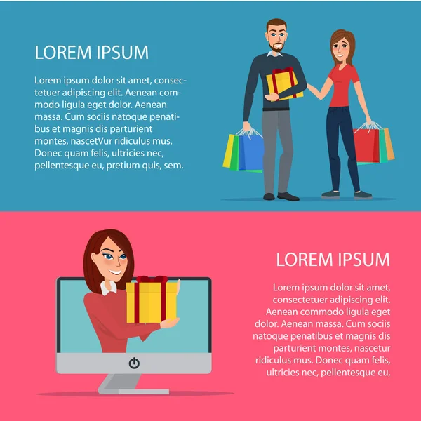 Concept de magasinage en ligne. Femme et homme achètent des cadeaux sur Internet. concept de magasinage en ligne. Femme et homme achètent des cadeaux sur Internet . — Image vectorielle