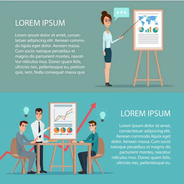 실업가 여자 보드 앞에서 프레 젠 테이 션 만들기 만화 포스터 벡터 일러스트 레이 션. 비즈니스 스타일에 귀하의 웹 디자인에 대 한 배너입니다. 텍스트 템플릿입니다. 비즈니스 문자 집합. — 스톡 벡터