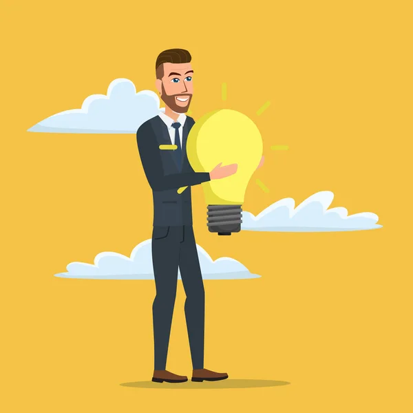 Businessman holding the idea of holding a lamp. Business cartoon concept. Vector creative color illustrations flat design in flat modern style. — Stock Vector