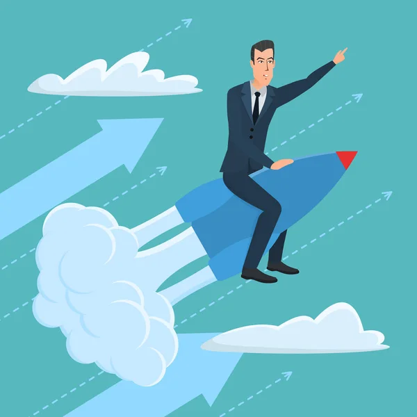 Hombre de negocios volando en un cohete en el fondo del cielo azul, puesta en marcha. Vector ilustraciones creativas a color diseño plano en estilo moderno plano . — Vector de stock