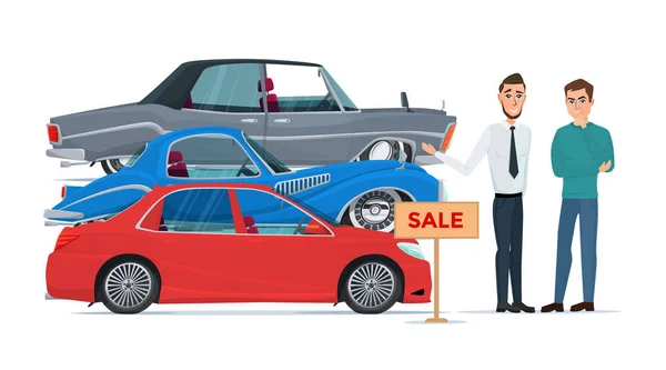Koper kiest een nieuwe auto van de drie voorgestelde manager. Cartoon bedrijfsconcept. Vectorillustratie geïsoleerd op een witte achtergrond in vlakke stijl. — Stockvector