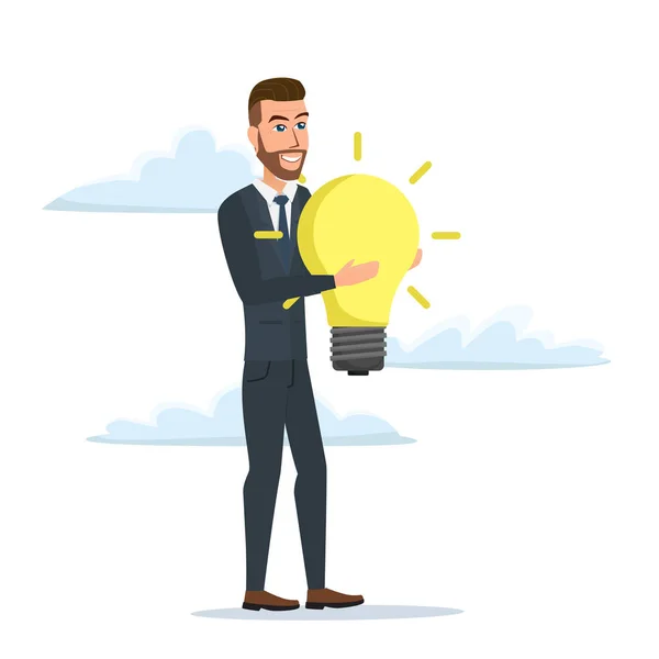 Geschäftsmann mit der Idee, eine Lampe zu halten. Business-Cartoon-Konzept. Vektor-Illustration isoliert auf weißem Hintergrund in flachem Stil. — Stockvektor