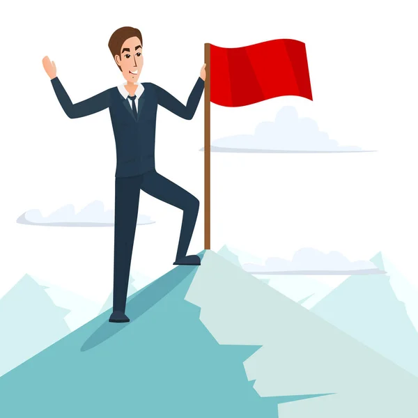 Businessman with flag on a Mountain peak, success and mission, target victory motivation, winner on top. Business cartoon concept. Vector illustration isolated on white background in flat style. — Stock Vector