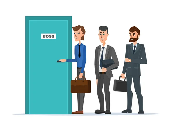 Az ajtót, a főnök egy sorban állva üzletemberek. Üzleti rajzfilm koncepció. Vektoros illusztráció elszigetelt fehér background lapos stílusú. — Stock Vector