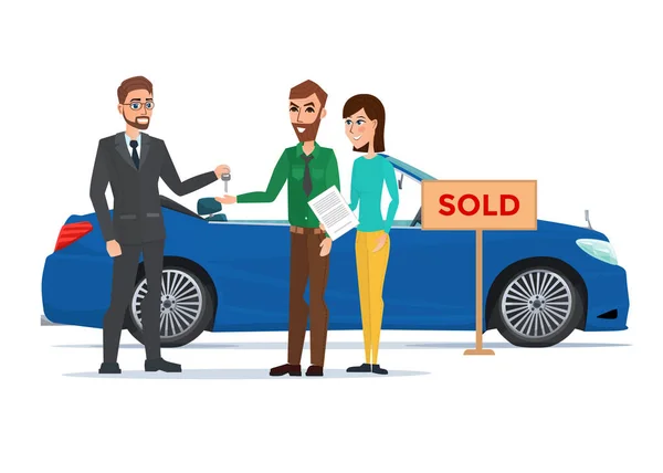 Man, vrouw en auto dealer. Cartoon bedrijfsconcept. Vectorillustratie geïsoleerd op een witte achtergrond in vlakke stijl. — Stockvector