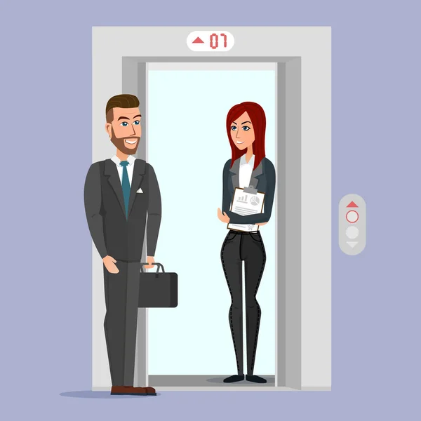 Gente de negocios en el edificio de oficinas ascensor. Vector ilustraciones creativas a color diseño plano en estilo moderno plano . — Vector de stock