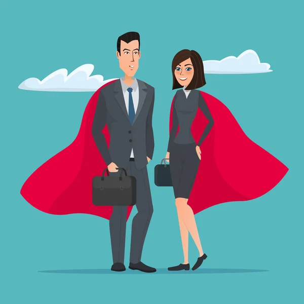 Man and woman business superheroes. Cartoon Super businessman stands . Business concept. Vector creative color illustrations flat design in flat modern style. — Stock Vector