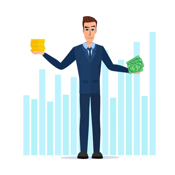 Podnikatel držet peníze bankovky a mince. Obchodní koncept kreslené. Vektorové ilustrace izolované na bílém pozadí v plochý. — Stockový vektor
