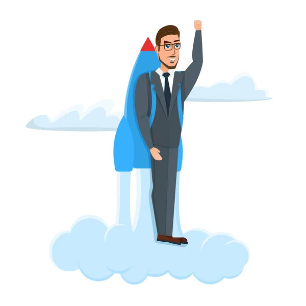 Happy Businessman flying with rocket backpack. Business cartoon concept. Vector illustration isolated on white background in flat style. — Stock Vector