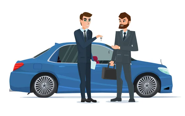 Een auto verkoop overhandigd aan de andere man. Een eigentijdse stijl met pastel palet. Vectorillustratie geïsoleerd op een witte achtergrond in vlakke stijl. — Stockvector