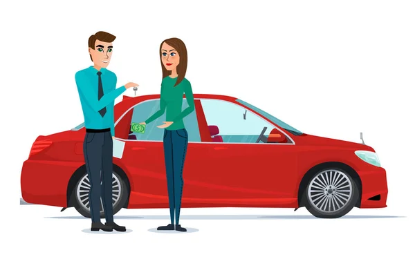 Auto Showroom. Manager verkoopt en vrouw kopen een nieuwe auto. Vectorillustratie geïsoleerd op een witte achtergrond in vlakke stijl. — Stockvector