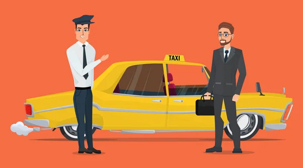 taxi driver invites business people businessman go to car. Vector creative color illustrations flat design in flat modern style.