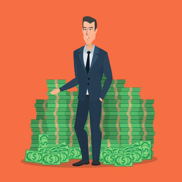 Jovem empresário feliz que está perto de uma enorme pilha de dinheiro do dólar verde. Desenhos animados de conceito de negócios. Ilustrações de cores criativas vetoriais design plano em estilo moderno plano . — Vetor de Stock