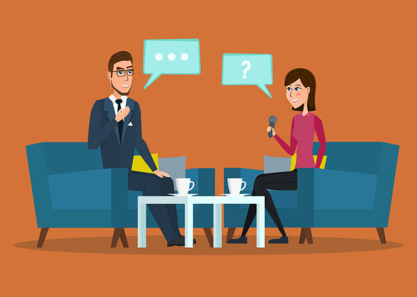 Интервью с кинозвездой. Интервью с политиками. Векторные творческие цветные иллюстрации плоский дизайн в плоском современном стиле. Интервью в прямом эфире
