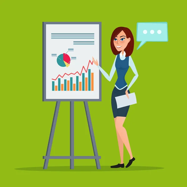 Obchodní žena ukazuje údaje o marketingové a prodejní prezentace proslov. Vektor kreativní barevné ilustrace plochý design v ploché moderního stylu. — Stockový vektor