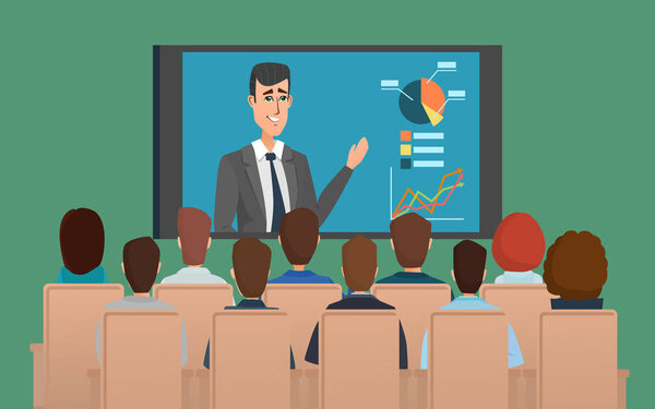 Corporation directors board at the conference call meeting with CEO at the video call projection screen. Vector creative color illustrations flat design in flat modern style.