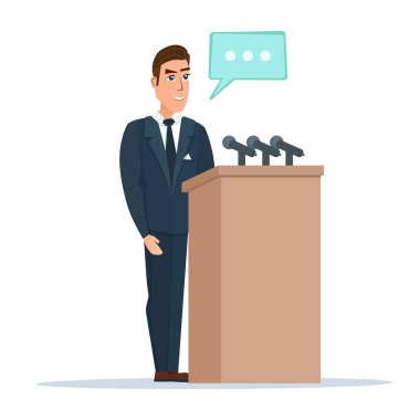 Speaker makes a report to the public. Orator stands behind a podium with microphones. Presentation and performance before an audience. Vector illustration isolated on white background in flat style. clipart