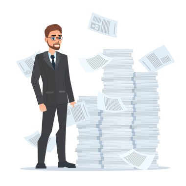 Evrak ve overworked, kağıt arka plan büyük yığınlar üzerindeki belgeler ile iş yapan bir çalışanın. İş kavramı. Düz tarzında beyaz arka plan üzerinde izole vektör çizim.