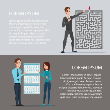 Görev son tarihi zor görev dışında. Çizgi film poster vektör çizim. Web tasarım iş tarzı için afişler. Metniniz için şablon. İş karakter kümesi.