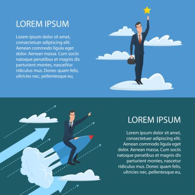 Çizgi film poster vektör çizim. Web tasarım iş tarzı için afişler. Metniniz için şablon. İş karakter kümesi.