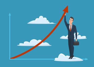 İşadamı bulut ok büyüme adam erkek çanta iş simgesi. İş karikatür kavramı. Vektör yaratıcı renk çizimler düz tasarımı düz modern tarzı.