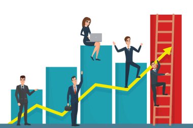 Takım işadamı oku grafik üzerinde Illustration. Takım lideri vardır ve onun takım başarı için lider. İş karikatür kavramı. Düz tarzında beyaz arka plan üzerinde izole vektör çizim.