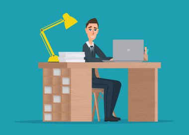 Office çalışan bir masaüstü arkasındaki adam. Vektör yaratıcı renk çizimler düz tasarımı düz modern tarzı.