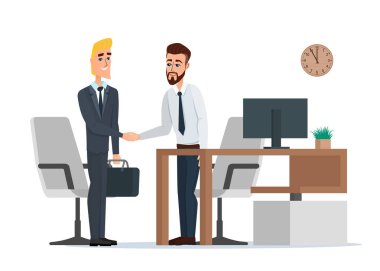 Takım elbiseli iki iş adamları iş yeri yakınındaki ofiste el sıkışma var. İş kavramı. Düz tarzında beyaz arka plan üzerinde izole vektör çizim.