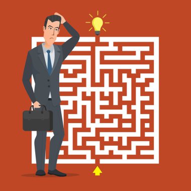 Düz tasarım vektör konsept illüstrasyon. İşadamı düşünme nasıl labirent geçmek. Doğru yolu seçin. İş karikatür kavramı. Vektör yaratıcı renk çizimler düz tasarımı düz modern tarzı.