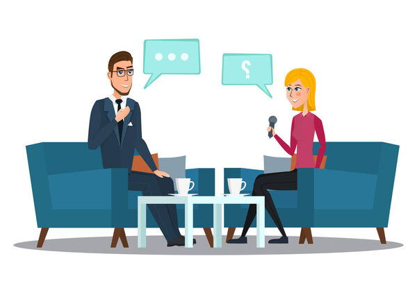 Интервью с кинозвездой. Интервью с политиками. Векторное изображение на белом фоне в мультфильме в плоском стиле Live Interview
