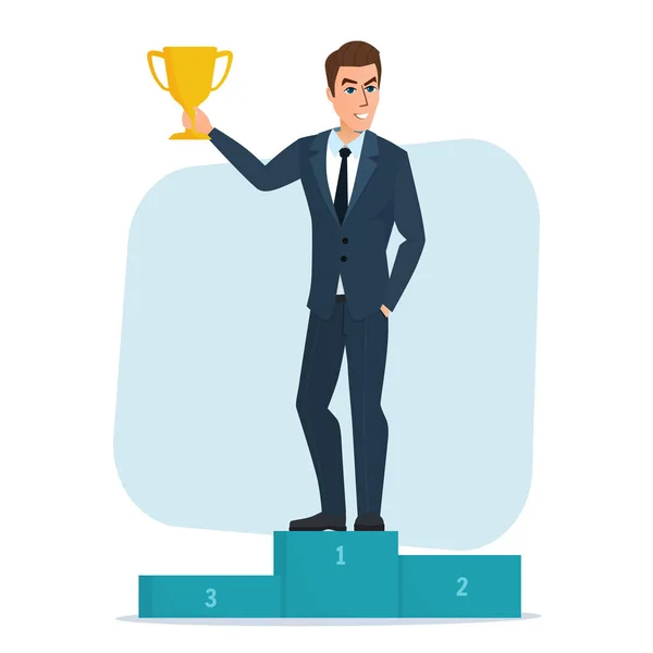 Vector Illustration Success businessman character standing in a podium holding up a trophy as he celebrates his victory vector illustration. Isolated on white background in flat style — Stock Vector