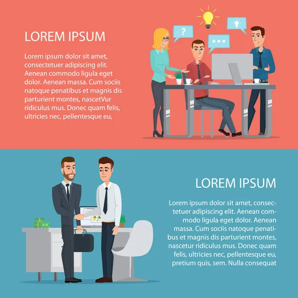 Elegante Leute, die am Computer arbeiten. Cartoon-Plakatvektorillustration. Banner für Ihr Webdesign im Business-Stil. Vorlage für Ihren Text. Geschäftszeichen gesetzt. — Stockvektor