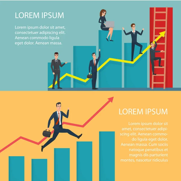 Affärsmän kör pilen diagrammet upp klättring. Tecknad affisch vektorillustration. Banners för din webbdesign i business stil. Mall för din text. Business tecken set. — Stock vektor