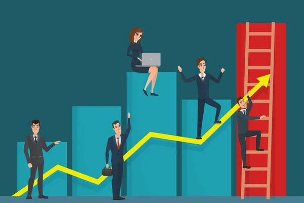 Illustration der Mannschaft des Geschäftsmannes auf Pfeildiagramm. Mannschaftsführer hat sein Team zum Erfolg geführt. Business-Cartoon-Konzept. Vektor kreative Farbabbildungen flaches Design im flachen modernen Stil. — Stockvektor