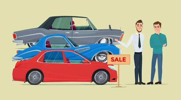 El comprador elige un coche nuevo de los tres gerente propuesto. Concepto de dibujos animados de negocios. Vector ilustraciones creativas a color diseño plano en estilo moderno plano . — Archivo Imágenes Vectoriales