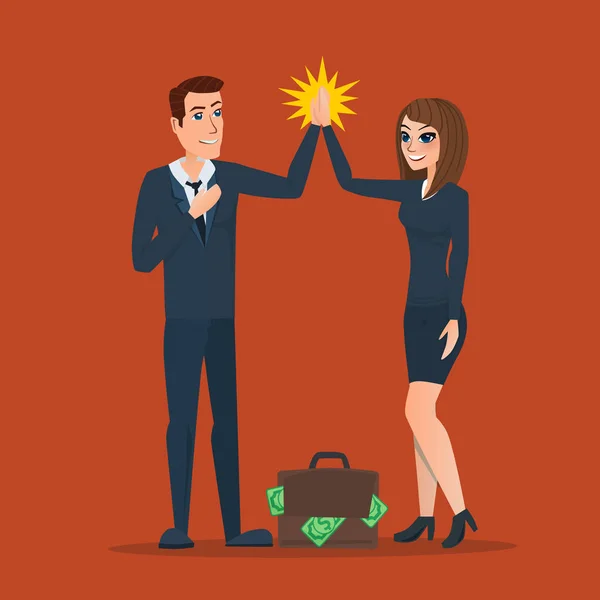 Affärsmannen och kvinnan klappar händer varandra i partnerskap, stödjande, glad, framgångsrik eller corporation. Business tecknad. Vector kreativ färg illustrationer platt design i platt modern stil. — Stock vektor