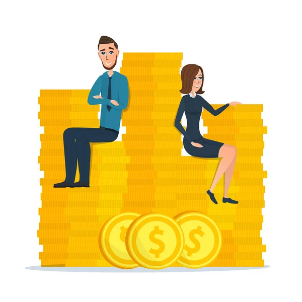 Kreslený podnikatel a podnikatelka sedí na peníze mince. Obchodní koncept kreslené. Vektorové ilustrace izolované na bílém pozadí v plochý. — Stockový vektor