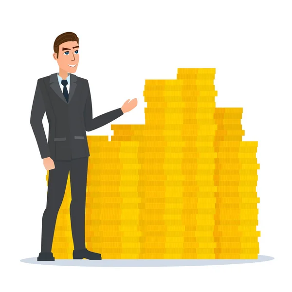 Businessman stands proudly near the pile of gold coins, a lot of money. Business cartoon concept. Vector illustration isolated on white background in flat style. — Stock Vector