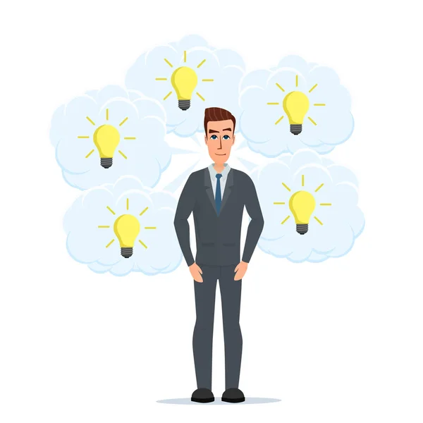 Businessman thinks a lot of ideas in the form of lamps. Business cartoon concept. Vector illustration isolated on white background in flat style. — Stock Vector