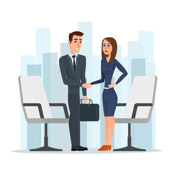 Empresaria y hombre de negocios estrechando la mano hombre y mujer. Concepto de dibujos animados de negocios. Ilustración vectorial aislada sobre fondo blanco en estilo plano . — Vector de stock